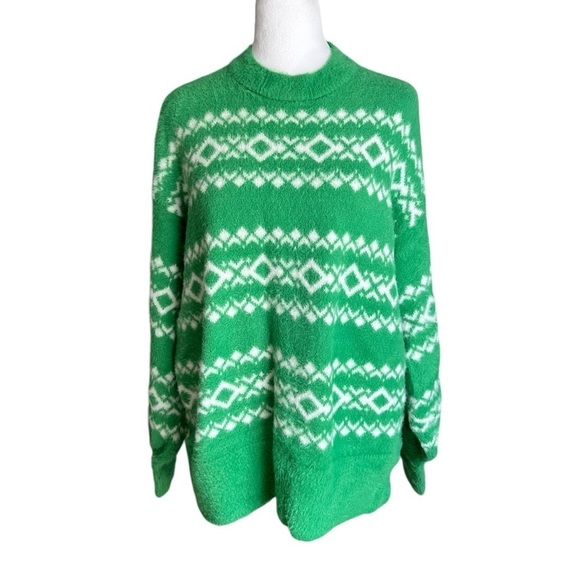 Aerie Flurry Oversized Crew Neck Green White Sweater Size SP - Picture 4 of 17